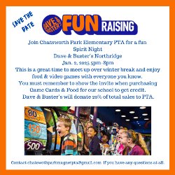 PTA Fundraiser - Dave & Buster's - Thursday, January 5 From 5:00pm- 8:00pm - 9301 Tampa Ave Suite 212, Northridge, CA 91324